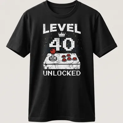 Retro distressed t-shirt with 'LEVEL 40 UNLOCKED' above a video game controller in bright colors
