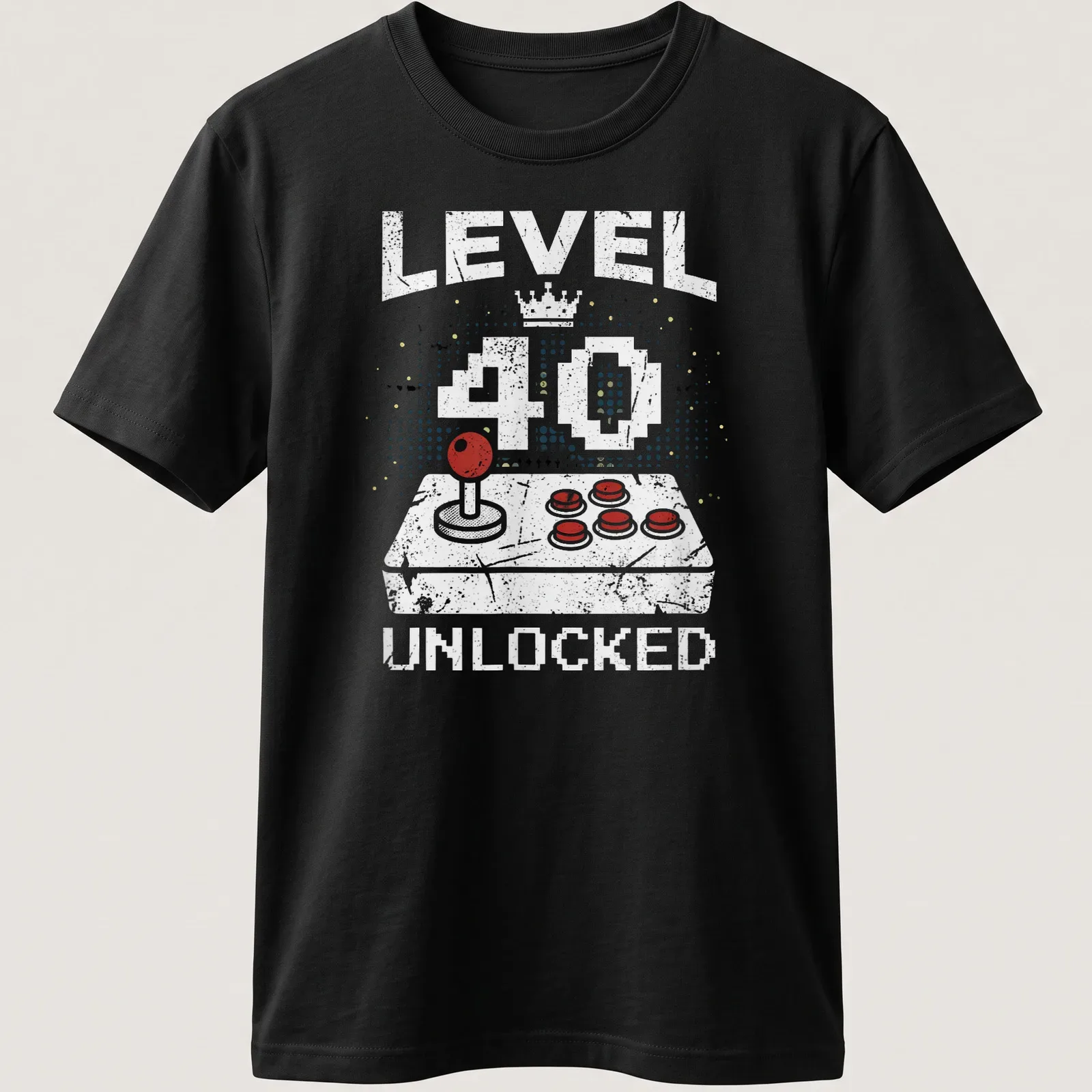 Retro distressed t-shirt with 'LEVEL 40 UNLOCKED' above a video game controller in bright colors — printed on a unisex t-shirt