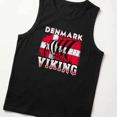 Grunge style t-shirt featuring a Viking ship and 'Denmark Viking' text in bold font. — printed on a tank top
