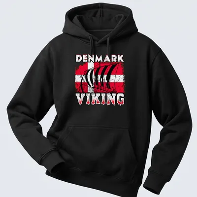 Grunge style t-shirt featuring a Viking ship and 'Denmark Viking' text in bold font. — printed on a unisex hoodie