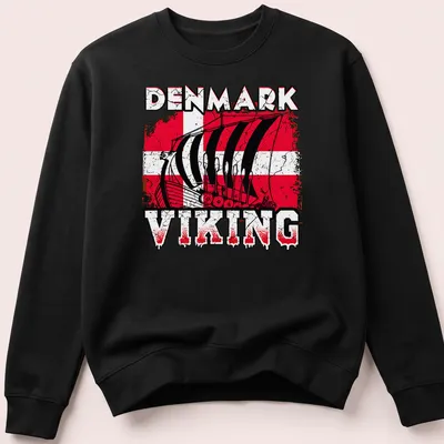 Grunge style t-shirt featuring a Viking ship and 'Denmark Viking' text in bold font. — printed on a unisex sweatshirt