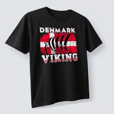 Grunge style t-shirt featuring a Viking ship and 'Denmark Viking' text in bold font. — printed on a unisex t-shirt (angled view)