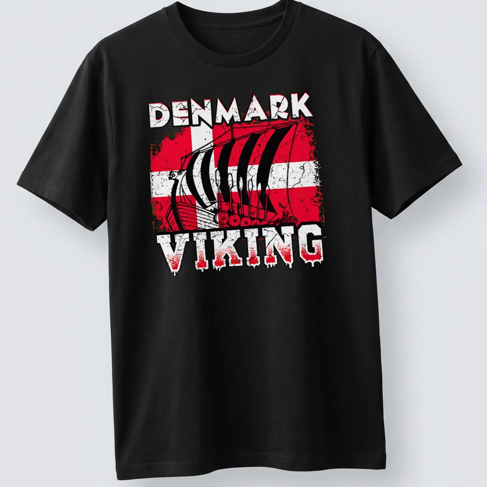 Grunge style t-shirt featuring a Viking ship and 'Denmark Viking' text in bold font. — printed on a unisex t-shirt
