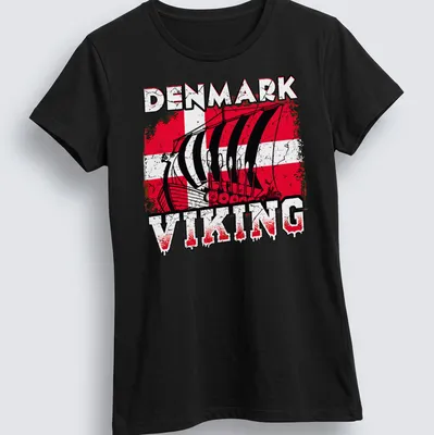 Grunge style t-shirt featuring a Viking ship and 'Denmark Viking' text in bold font. — printed on a women's shirt