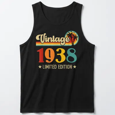 Retro style t-shirt featuring 'Vintage 1938 LIMITED EDITION' in warm colors — printed on a tank top