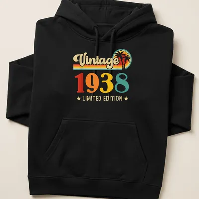 Retro style t-shirt featuring 'Vintage 1938 LIMITED EDITION' in warm colors — printed on a unisex hoodie