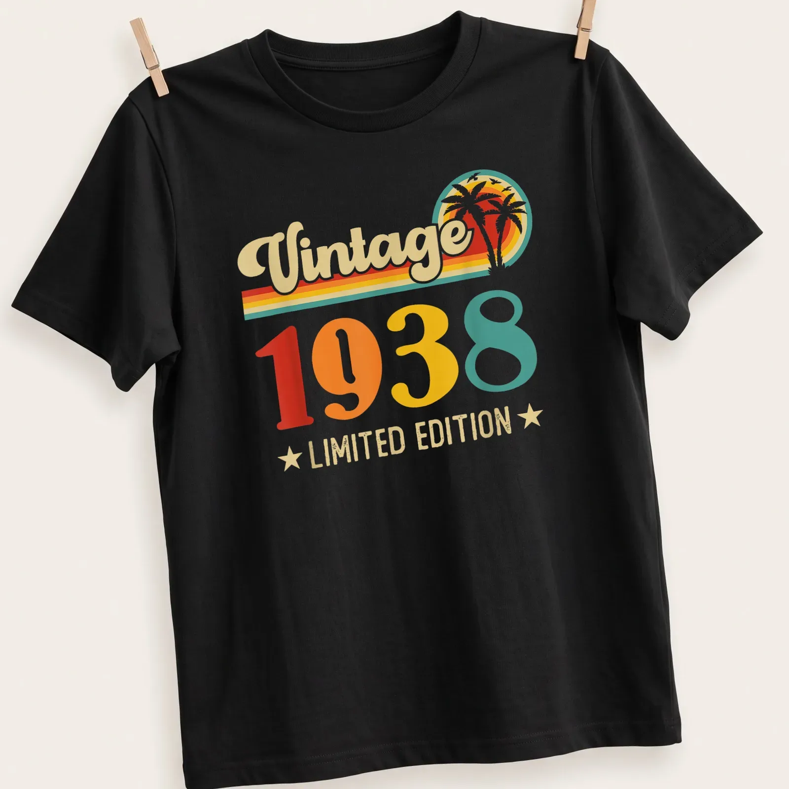 Retro style t-shirt featuring 'Vintage 1938 LIMITED EDITION' in warm colors — printed on a unisex t-shirt