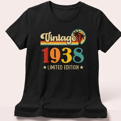 Retro style t-shirt featuring 'Vintage 1938 LIMITED EDITION' in warm colors — printed on a women's shirt