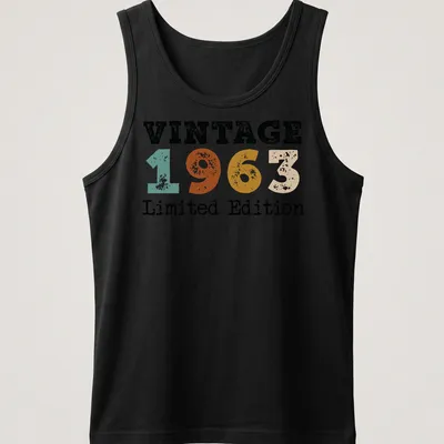 Distressed Vintage 1963 Limited Edition t-shirt with retro typography — printed on a tank top