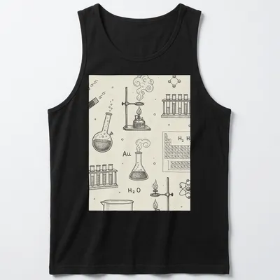 Vintage sketch style T-shirt with chemistry lab equipment and text Au H2 O — printed on a tank top