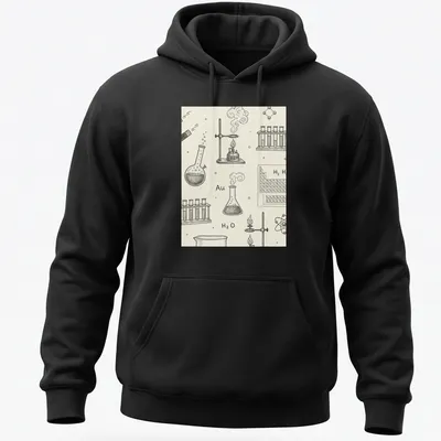 Vintage sketch style T-shirt with chemistry lab equipment and text Au H2 O — printed on a unisex hoodie
