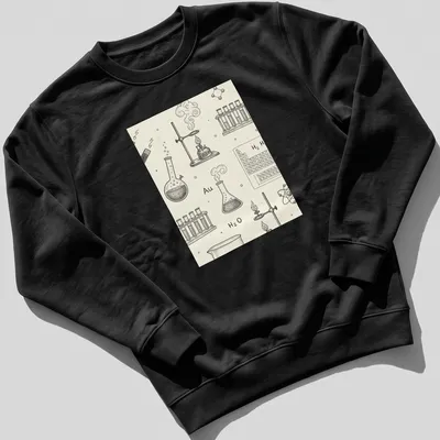 Vintage sketch style T-shirt with chemistry lab equipment and text Au H2 O — printed on a unisex sweatshirt