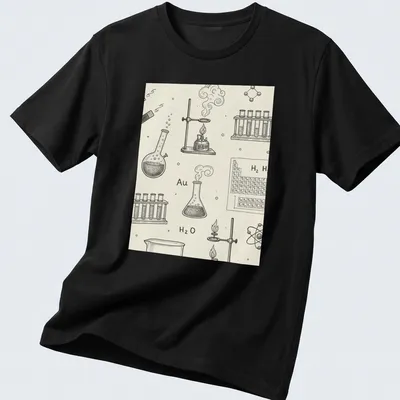 Vintage sketch style T-shirt with chemistry lab equipment and text Au H2 O