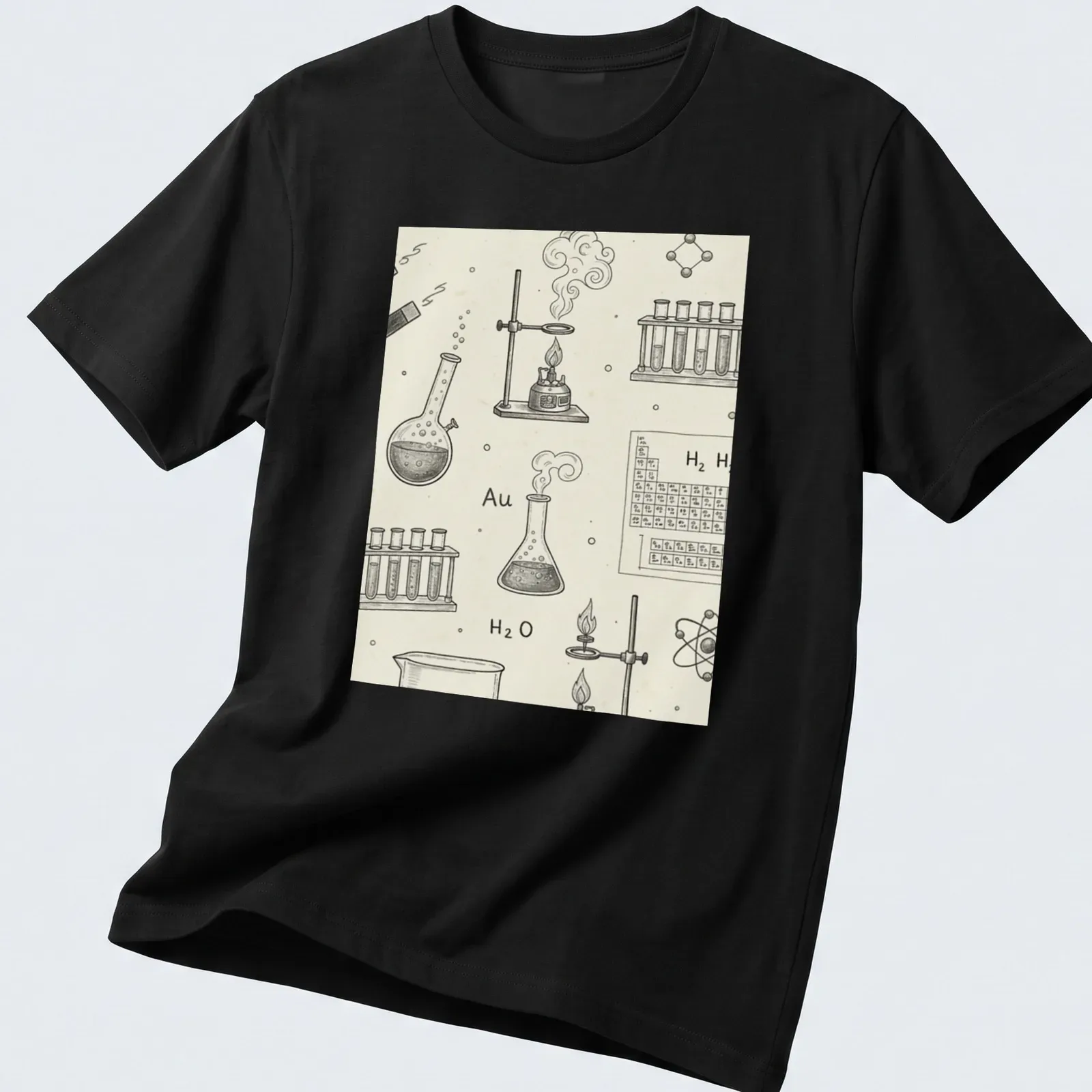 Vintage sketch style T-shirt with chemistry lab equipment and text Au H2 O — printed on a unisex t-shirt