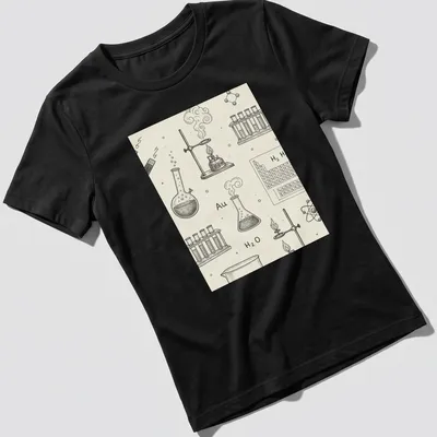 Vintage sketch style T-shirt with chemistry lab equipment and text Au H2 O — printed on a women's shirt