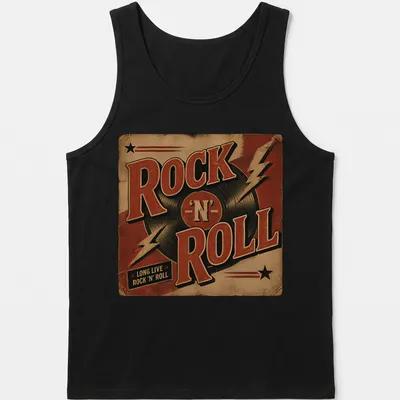 Vintage retro t-shirt with a vinyl record and the text Long Live Rock 'N' Roll — printed on a tank top