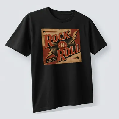 Vintage retro t-shirt with a vinyl record and the text Long Live Rock 'N' Roll — printed on a unisex t-shirt (angled view)