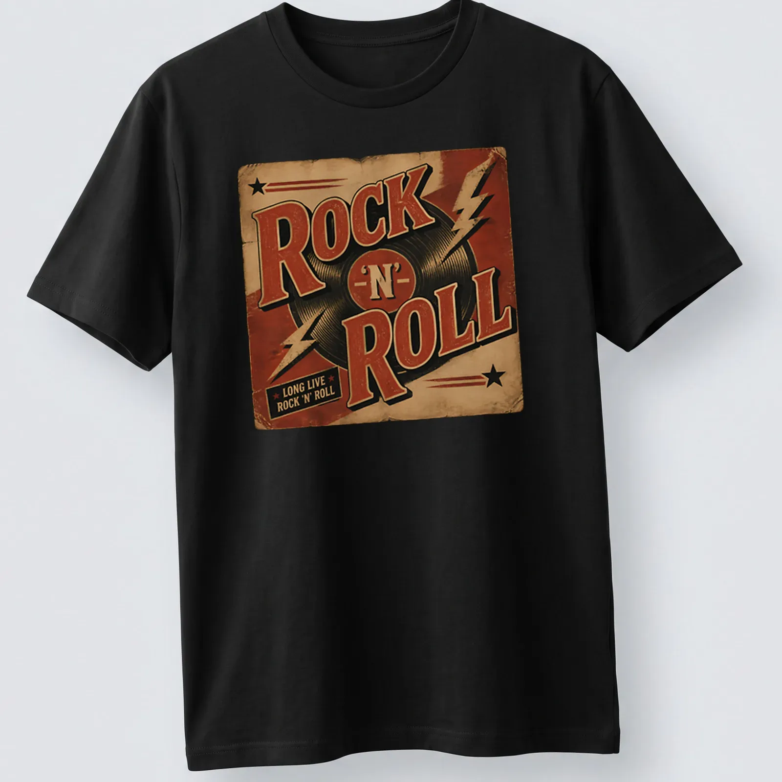 Vintage retro t-shirt with a vinyl record and the text Long Live Rock 'N' Roll — printed on a unisex t-shirt