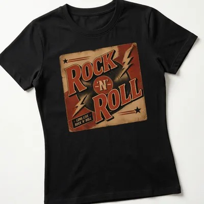 Vintage retro t-shirt with a vinyl record and the text Long Live Rock 'N' Roll — printed on a women's shirt