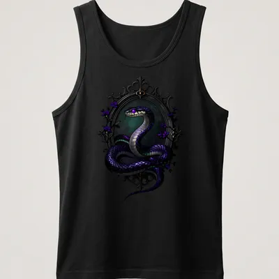 Gothic T-shirt featuring a violet Krait snake entwined around a scrying mirror — printed on a tank top