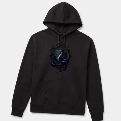 Gothic T-shirt featuring a violet Krait snake entwined around a scrying mirror — printed on a unisex hoodie