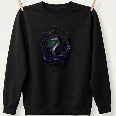 Gothic T-shirt featuring a violet Krait snake entwined around a scrying mirror — printed on a unisex sweatshirt
