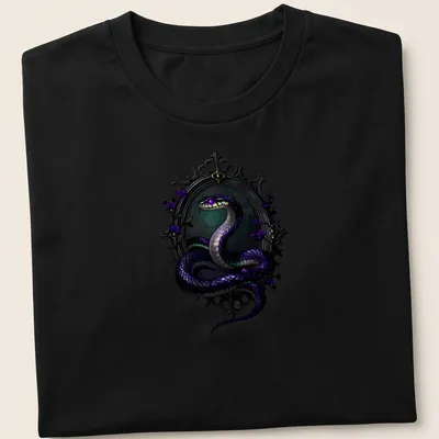 Gothic T-shirt featuring a violet Krait snake entwined around a scrying mirror