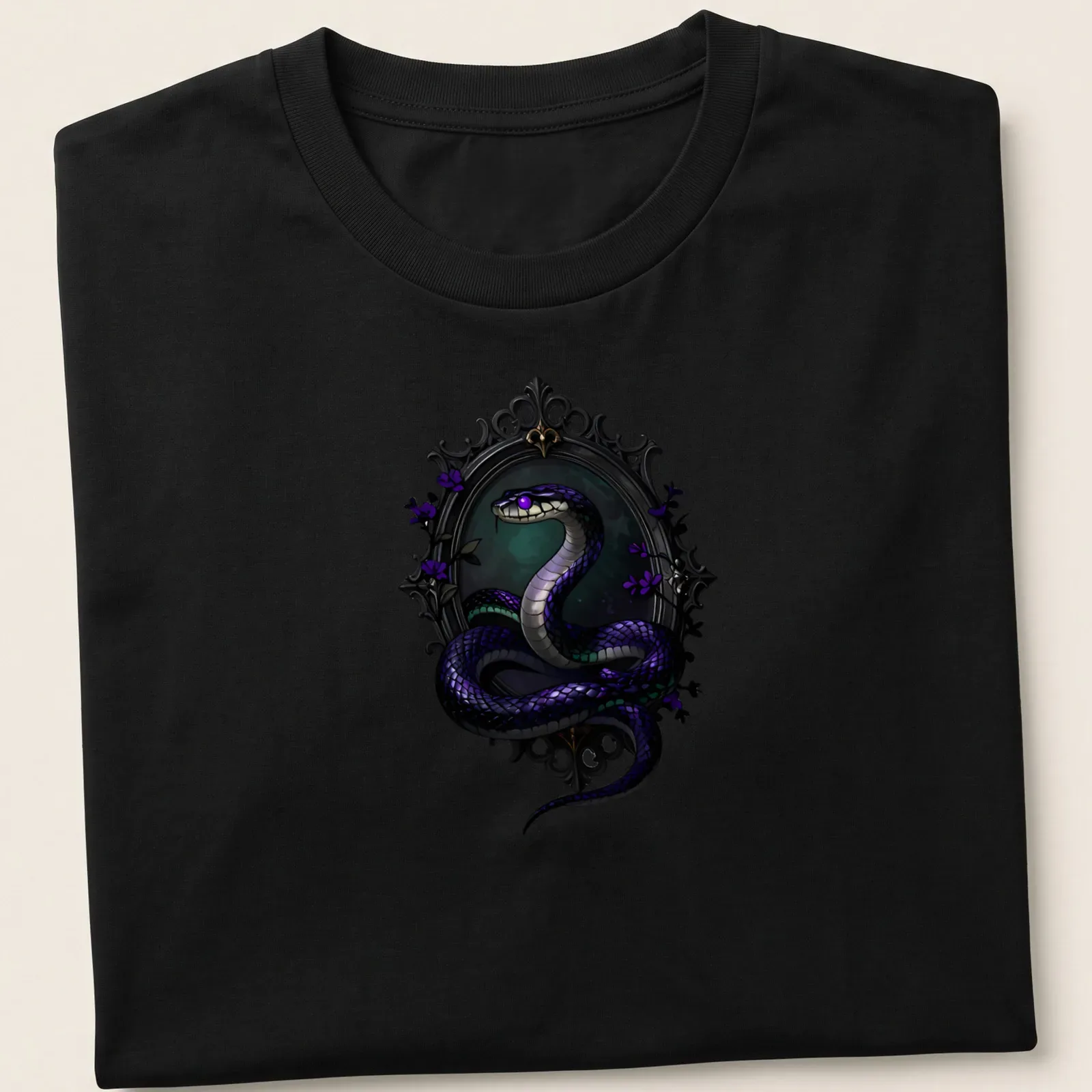 Gothic T-shirt featuring a violet Krait snake entwined around a scrying mirror — printed on a unisex t-shirt