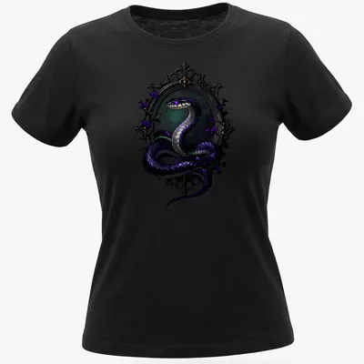 Gothic T-shirt featuring a violet Krait snake entwined around a scrying mirror — printed on a women's shirt