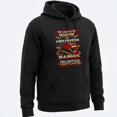 Vintage-style t-shirt celebrating a brave volunteer firefighter girlfriend with bold text and helmet graphic. — printed on a unisex hoodie