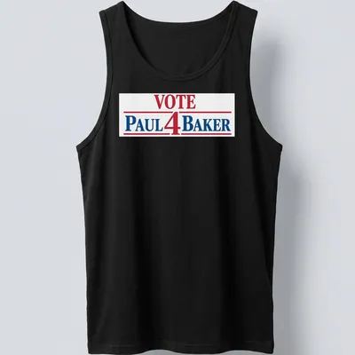 Bold typography t-shirt displaying 'Vote Paul 4 Baker' in red, blue, and white. — printed on a tank top