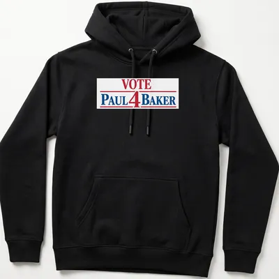 Bold typography t-shirt displaying 'Vote Paul 4 Baker' in red, blue, and white. — printed on a unisex hoodie