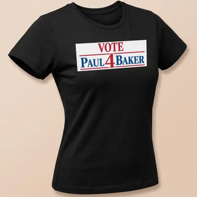Bold typography t-shirt displaying 'Vote Paul 4 Baker' in red, blue, and white. — printed on a women's shirt