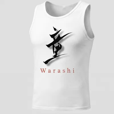 Stylized Japanese calligraphy print of the word Warashi in black and red — printed on a tank top
