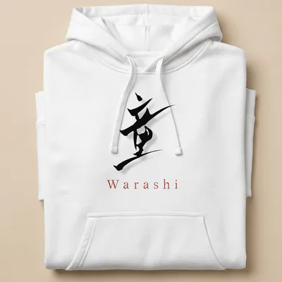 Stylized Japanese calligraphy print of the word Warashi in black and red — printed on a unisex hoodie