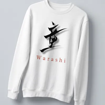 Stylized Japanese calligraphy print of the word Warashi in black and red — printed on a unisex sweatshirt