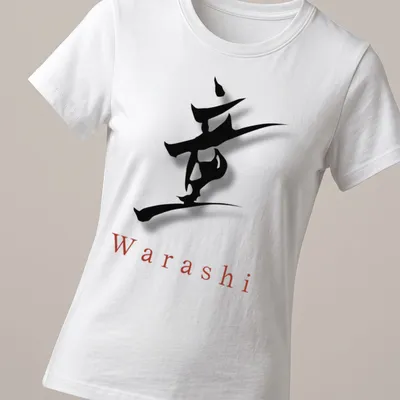 Stylized Japanese calligraphy print of the word Warashi in black and red — printed on a women's shirt
