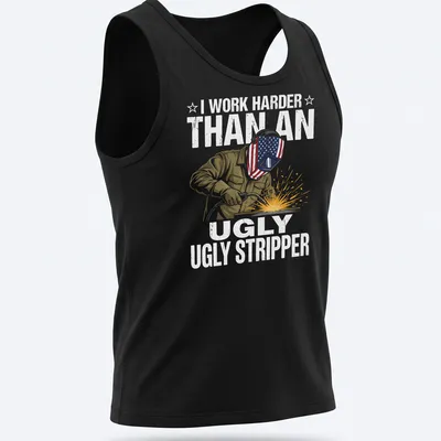 Illustrative graphic tee with slogan about welding and humor featuring a welder — printed on a tank top