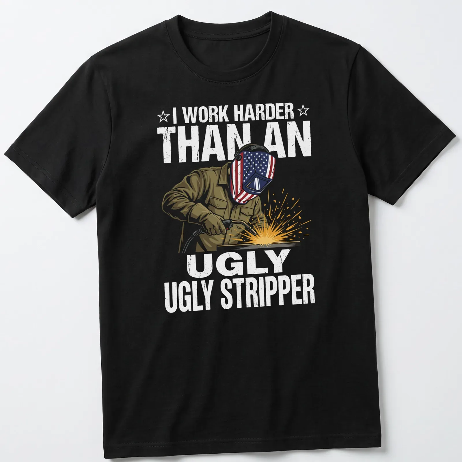 Illustrative graphic tee with slogan about welding and humor featuring a welder — printed on a unisex t-shirt