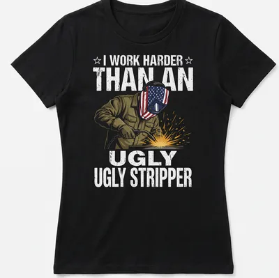 Illustrative graphic tee with slogan about welding and humor featuring a welder — printed on a women's shirt
