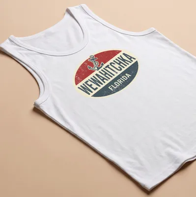 Retro boat anchor graphic with Wewahitchka Florida text in red and navy — printed on a tank top
