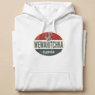 Retro boat anchor graphic with Wewahitchka Florida text in red and navy — printed on a unisex hoodie