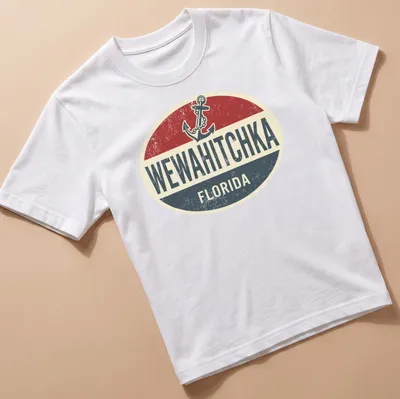 Retro boat anchor graphic with Wewahitchka Florida text in red and navy