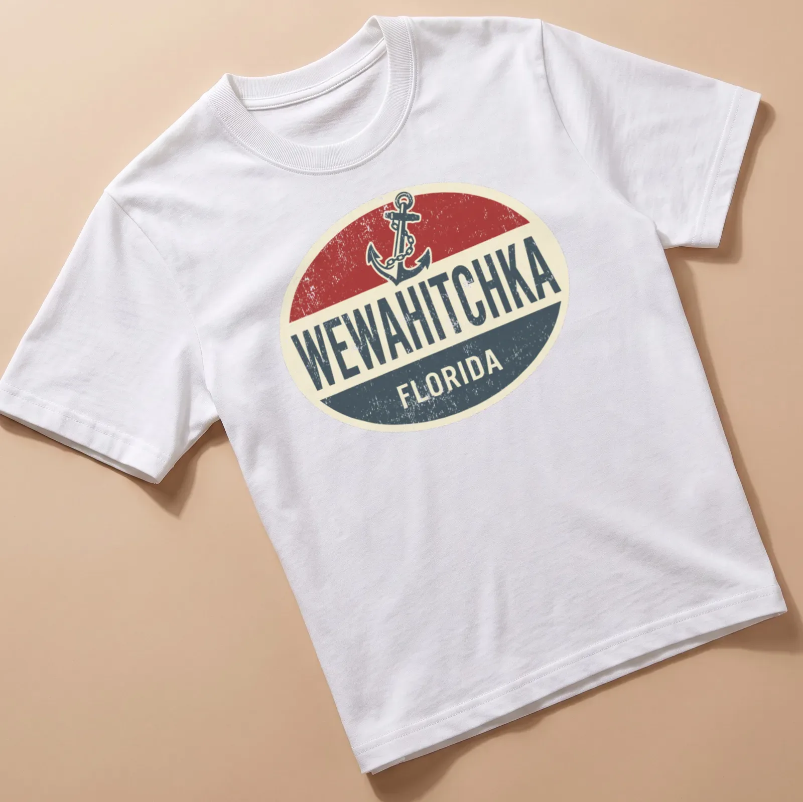 Retro boat anchor graphic with Wewahitchka Florida text in red and navy — printed on a unisex t-shirt