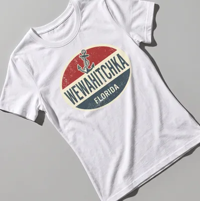 Retro boat anchor graphic with Wewahitchka Florida text in red and navy — printed on a women's shirt