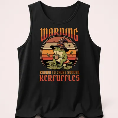 Whimsical wizard frog illustration with humorous text in retro style — printed on a tank top