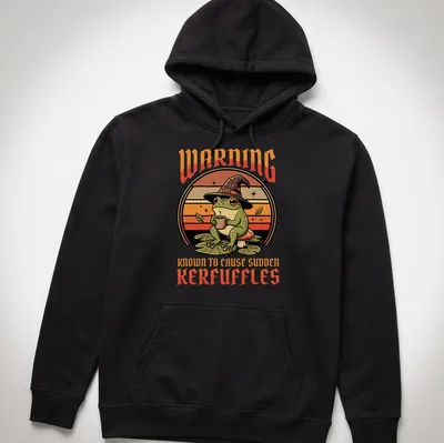 Whimsical wizard frog illustration with humorous text in retro style — printed on a unisex hoodie