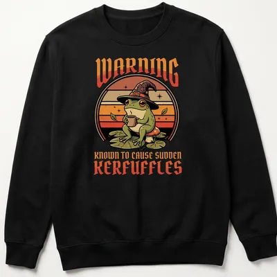 Whimsical wizard frog illustration with humorous text in retro style — printed on a unisex sweatshirt