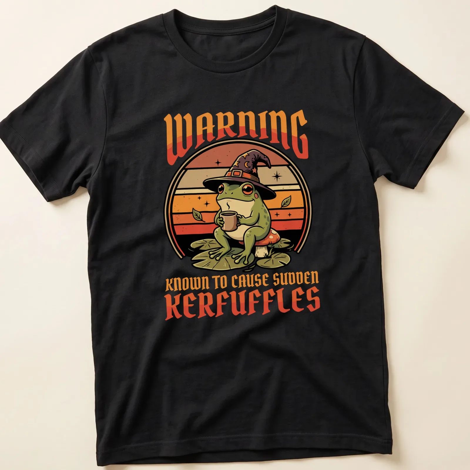 Whimsical wizard frog illustration with humorous text in retro style — printed on a unisex t-shirt