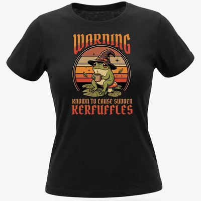 Whimsical wizard frog illustration with humorous text in retro style — printed on a women's shirt